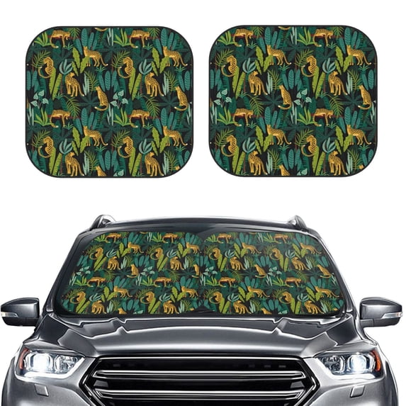 Uemuo Jungle Leopard Yellow Printed 2 PCS Car Windshield Sun Shade, Auto Sun Heat and UV Rays Blocker, Foldable Automotive Front Window Sunshade Protector