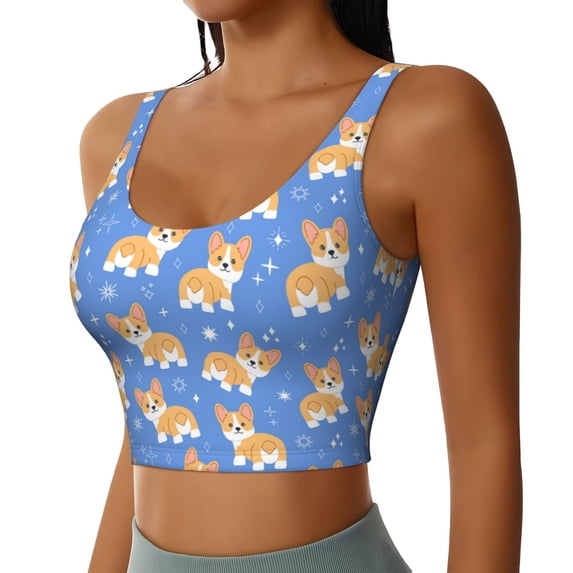 Uemuo Kawaii Corgi Pattern Women's Sports Bra - High Impact Support, Breathable, and Comfortable Athletic Bra for Running, Yoga, and Workouts
