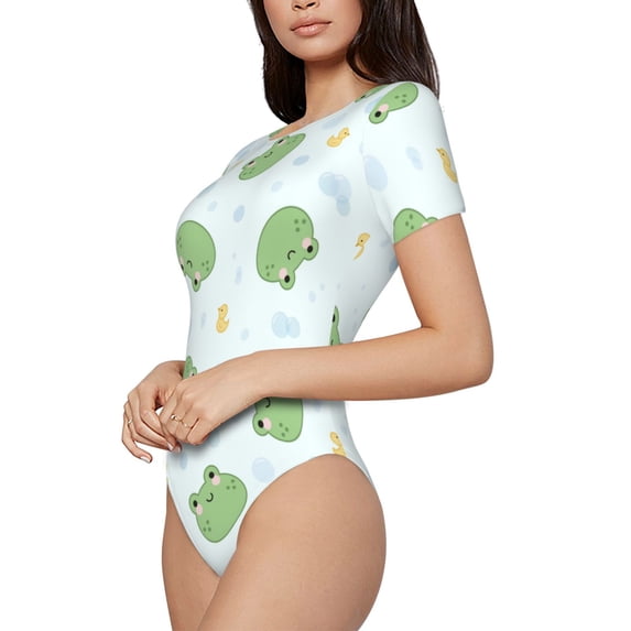 Uemuo Kawaii Frogs Pattern Women's One Piece Short Sleeve Swimsuit Rash Guard Surfing Modest Quick-drying Swimsuit Beach Essentials-X-Large