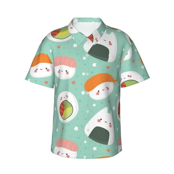 Uemuo Kawaii Sushi Printed Regular Fit Short Sleeve Casual Hawaiian Shirt for Men,Aloha shirt,Tropical shirt,Floral print shirt,Vacation Beach shirt-Small