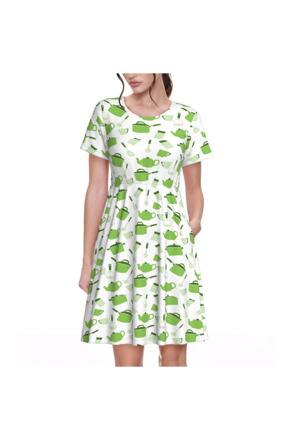 Kitchen Utensiles Cooking Pots Print Womens Summer Dress Casual Swing Short Sleeve Sundresses Beach A-line Shift Dress