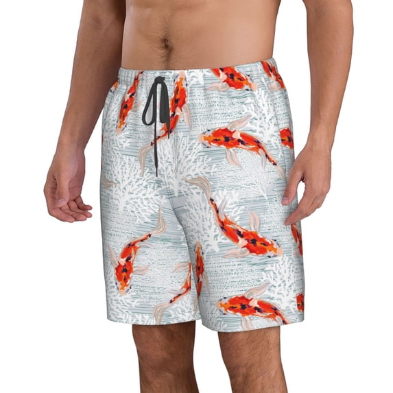 Uemuo Koi Fish Corals,Spring Summer Pattern Men's Swim Trunks Hawaiian Beach Bathing Suit Swimsuits Beach Quick-Dry Shorts with Pockets-