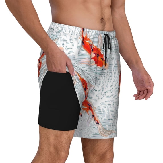 Uemuo Koi Fish Corals,Spring Summer Pattern Mens Swim Trunks Quick Dry Board Shorts with Mesh Lining, Stretch Beach Shorts Quick Dry No-Chafing Board Shorts-XX-Large