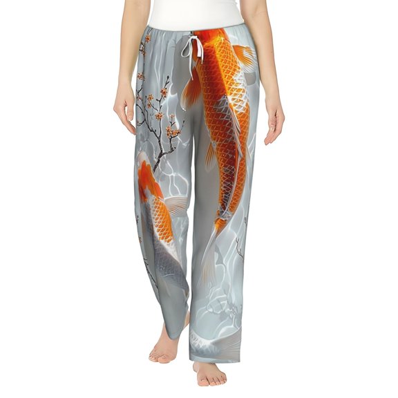 Uemuo Koi Fish Water Pattern Women's Wide Leg Palazzo Lounge Pants with Pockets Light Weight Loose Comfy Casual Pajama Pants-X-Large
