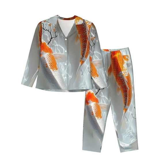 Uemuo Koi Fish Water Pattern Womens Pajama Sets,PJ Set for Women,Pajamas for Women Logo,Long Sleeve Pajama Set for Women,Soft Long Sleeve Top With Pants-Medium