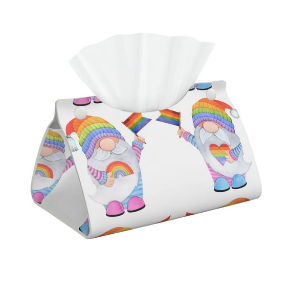 Uemuo LGBT Gnomes Pattern Tissue Box Cover Holder, Triangle with Bottom Belt - PVC Leather Decorative Organizer for Tabletop, Bathroom, Car, Office