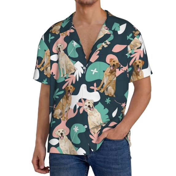 Uemuo Labrador Retriever Dog Pattern Cotton Linen Short Sleeve Shirts,Casual Lightweight Button Down Shirts,Vacation Beach Summer Tops-3X-Large