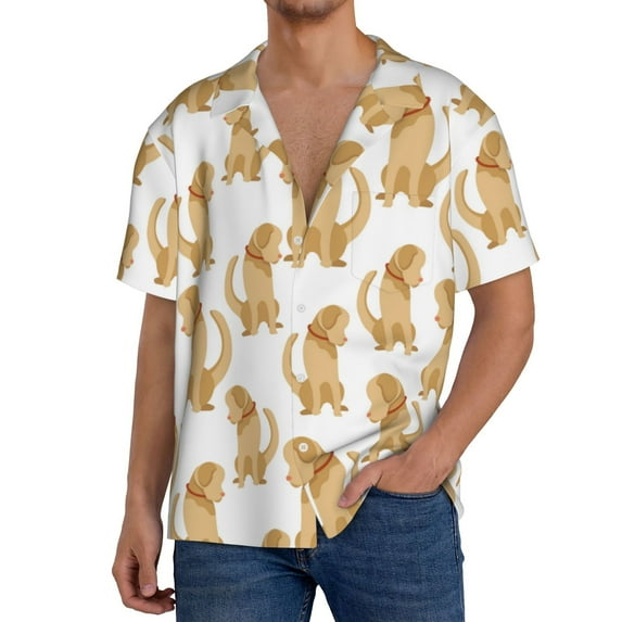 Uemuo Labrador Retriever Dog Pattern Cotton Linen Short Sleeve Shirts,Casual Lightweight Button Down Shirts,Vacation Beach Summer Tops-Medium