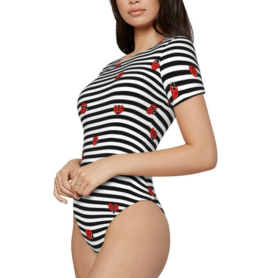 Uemuo Ladybugs on Black and White Striped Pattern Women's One Piece Short Sleeve Swimsuit Rash Guard Surfing Modest Quick-drying Swimsuit Beach Essentials-