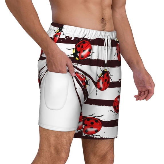 Uemuo Ladybugs on Black and White Striped1 Pattern Mens Swim Trunks Quick Dry Board Shorts with Mesh Lining, Stretch Beach Shorts Quick Dry No-Chafing Board Shorts-Medium
