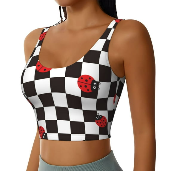 Uemuo Ladybugs Of Black And White Checkers Pattern Women's Sports Bra - High Impact Support, Breathable, and Comfortable Athletic Bra for Running, Yoga, and Workouts