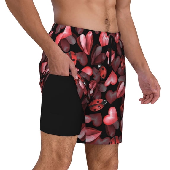 Uemuo Ladybugs and Red Hearts Pattern Mens Swim Trunks Quick Dry Board Shorts with Mesh Lining, Stretch Beach Shorts Quick Dry No-Chafing Board Shorts-XX-Large