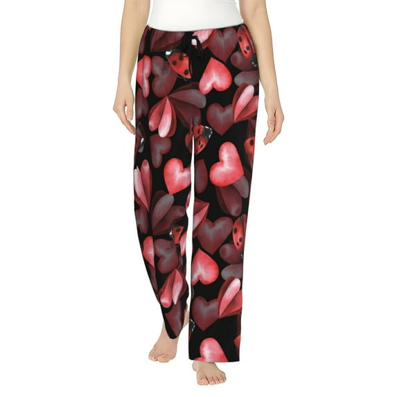 Uemuo Ladybugs and Red Hearts Pattern Women's Wide Leg Palazzo Lounge Pants with Pockets Light Weight Loose Comfy Casual Pajama Pants-XX-Large