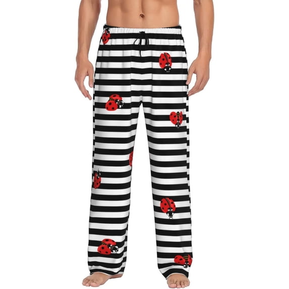 Uemuo Ladybugs on Black and White Striped Pattern Men's Wide Leg Palazzo Lounge Pants with Pockets Light Weight Loose Comfy Casual Pajama Pants-Large