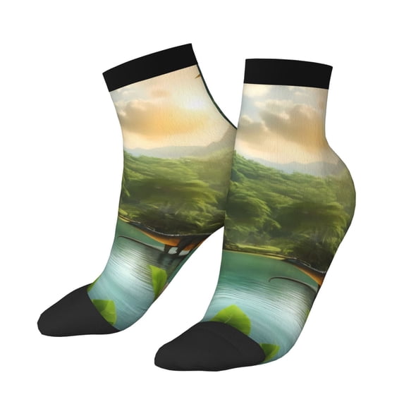 Uemuo Lake Forest Dinosaur Printed Crew Socks, Moisture-Wicking Socks, Athletic Socks for Men Breathable Cushion Socks Casual Sport Socks for Running Traveling