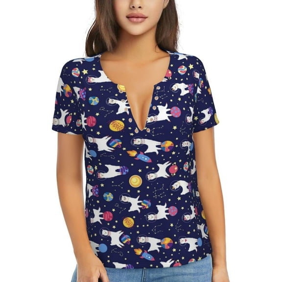 Uemuo Lama in Space Drawing Women's Deep V-Neck Low Cut Tops - Casual Loose Fit with Stainless Steel Loop, Soft, Breathable, Perfect for Office, Travel, and Daily Wear-Large