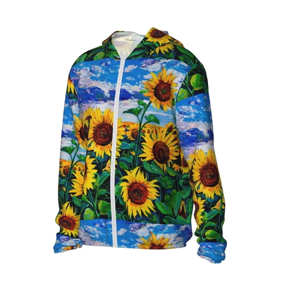 Uemuo Landscape With Sunflowers Pattern Women's Full Zip UPF 50+ Sun Protection Hoodie Jacket Long Sleeve Sun Shirt Hiking Outdoor Performance with Pockets-Medium