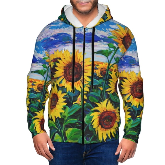 Uemuo Landscape With Sunflowers for Men's Fashion Full-zip Hoodies & Sweatshirts with Kangaroo Pocket, Zip-up Hooded Sweatshirt, Moisture Wicking & Breathable-3X-Large