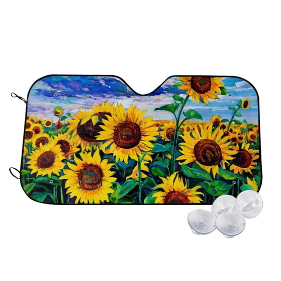 Uemuo Landscape With Sunflowers Pattern Accordion Car Windshield Sun Shade, Foldable Reflective Sun Visor for Car, Reflector Windshield Sunshade-Small
