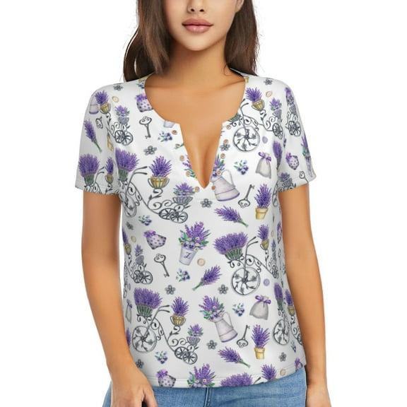 Uemuo Lavender Bicycle Drawing Women's Deep V-Neck Low Cut Tops - Casual Loose Fit with Stainless Steel Loop, Soft, Breathable, Perfect for Office, Travel, and Daily Wear-XX-Large