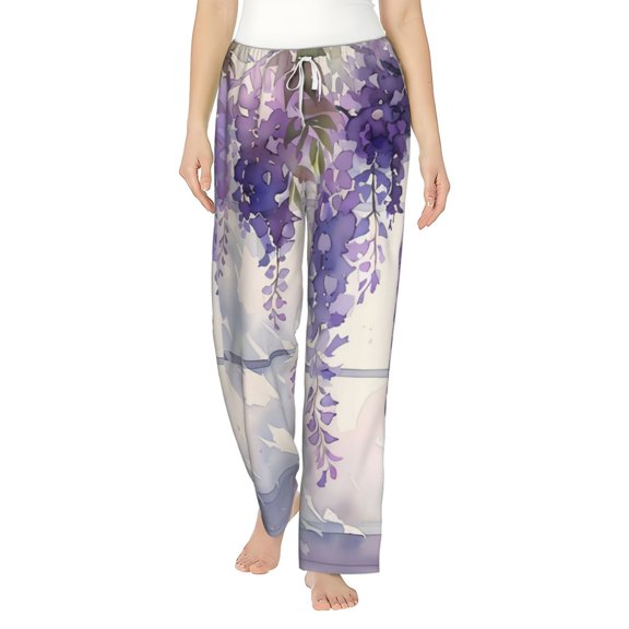 Uemuo Lavender Blooms Window Pattern Women's Wide Leg Palazzo Lounge Pants with Pockets Light Weight Loose Comfy Casual Pajama Pants-Medium