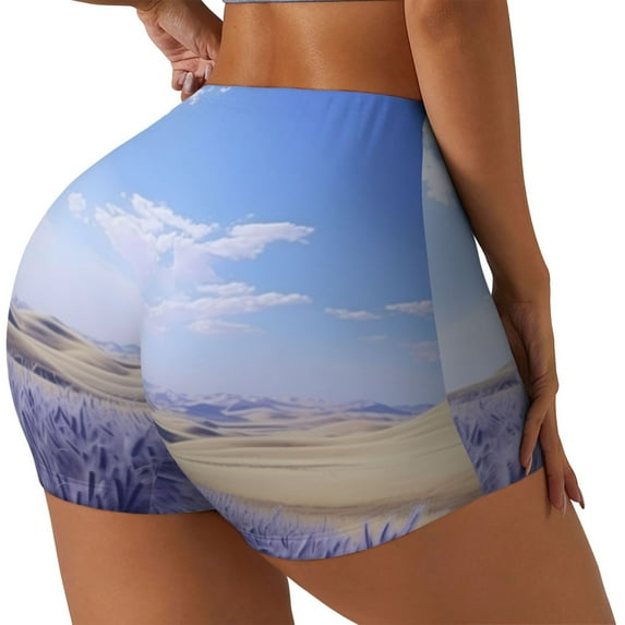 Uemuo Lavender Fields Under Blue Sky Pattern Women Workout Impact Shorts Scrunch Butt Lifting Gym Shorts Seamless Booty Biker Shorts-Large