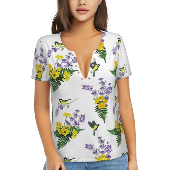 Uemuo Lavender Flowers Drawing Women's Deep V-Neck Low Cut Tops - Casual Loose Fit with Stainless Steel Loop, Soft, Breathable, Perfect for Office, Travel, and Daily Wear-Medium