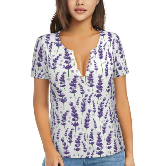 Uemuo Lavender Flowers Drawing Women's Deep V-Neck Low Cut Tops - Casual Loose Fit with Stainless Steel Loop, Soft, Breathable, Perfect for Office, Travel, and Daily Wear-Small