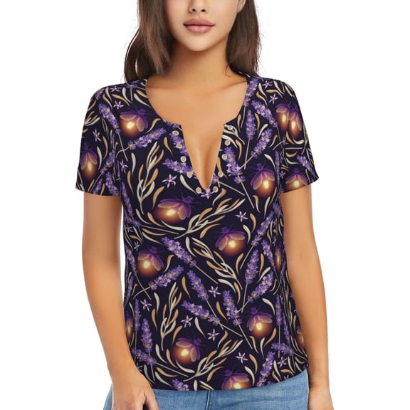 Uemuo Lavender Flowers Drawing Women's Deep V-Neck Low Cut Tops - Casual Loose Fit with Stainless Steel Loop, Soft, Breathable, Perfect for Office, Travel, and Daily Wear-Medium