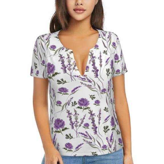 Uemuo Lavender Flowers Drawing Women's Deep V-Neck Low Cut Tops - Casual Loose Fit with Stainless Steel Loop, Soft, Breathable, Perfect for Office, Travel, and Daily Wear-Medium