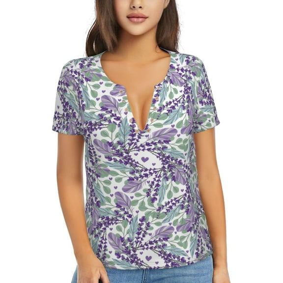 Uemuo Lavender Flowers Drawing Women's Deep V-Neck Low Cut Tops - Casual Loose Fit with Stainless Steel Loop, Soft, Breathable, Perfect for Office, Travel, and Daily Wear-XX-Large