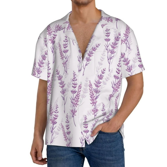 Uemuo Lavender Flowers Pattern Cotton Linen Short Sleeve Shirts,Casual Lightweight Button Down Shirts,Vacation Beach Summer Tops-XX-Large