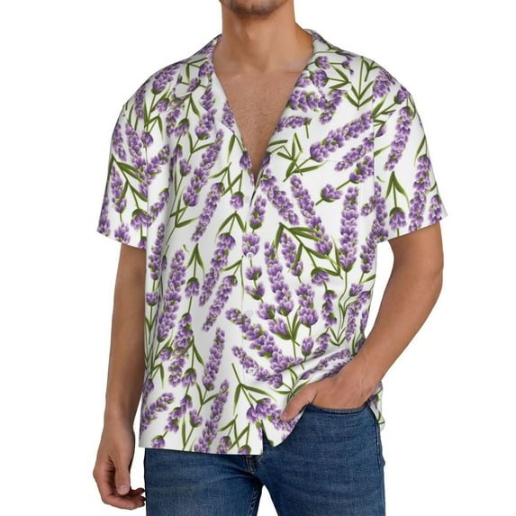 Uemuo Lavender Flowers Pattern Cotton Linen Short Sleeve Shirts,Casual Lightweight Button Down Shirts,Vacation Beach Summer Tops-