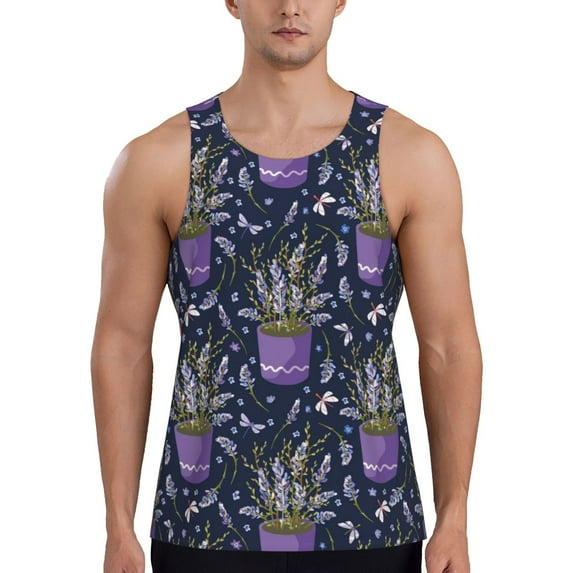 Uemuo Lavender Flowers Pattern Men's Muscle Shirts Sleeveless Dry Fit Gym Workout Tank Top Lightweight Sports Tank Top Beach Tank Top, Loose-fit Sleeveless Shirt-XX-Large