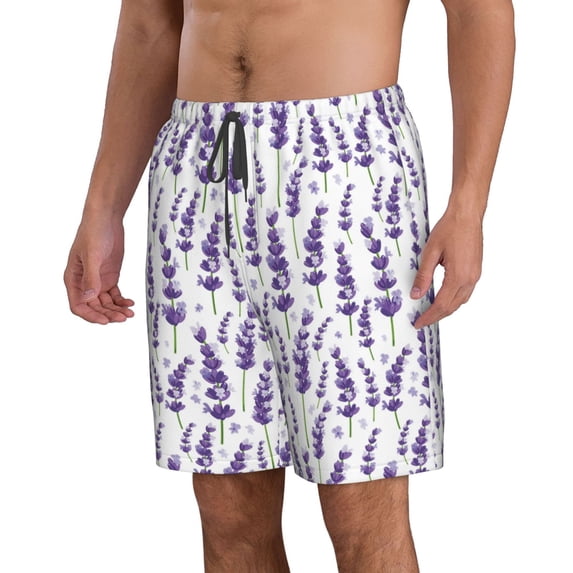 Uemuo Lavender Flowers Pattern Men's Swim Trunks Hawaiian Beach Bathing Suit Swimsuits Beach Quick-Dry Shorts with Pockets-Large