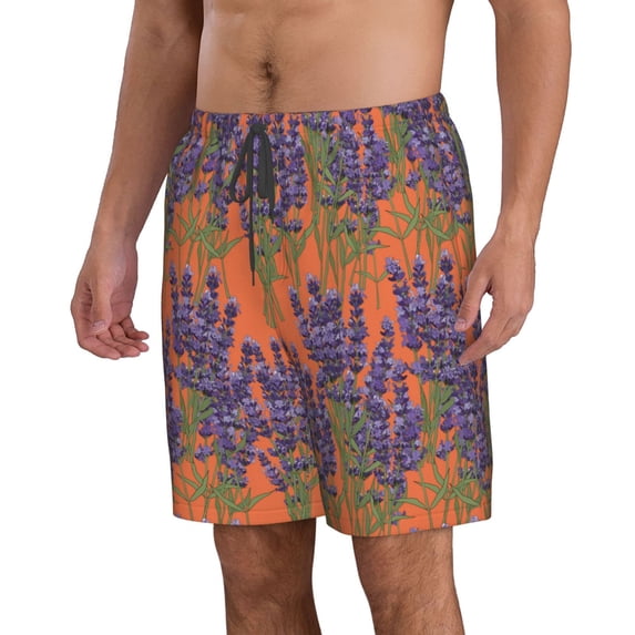 Uemuo Lavender Flowers Pattern Men's Swim Trunks Hawaiian Beach Bathing Suit Swimsuits Beach Quick-Dry Shorts with Pockets-Small