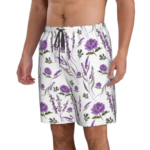 Uemuo Lavender Flowers Pattern Men's Swim Trunks Hawaiian Beach Bathing Suit Swimsuits Beach Quick-Dry Shorts with Pockets-Small