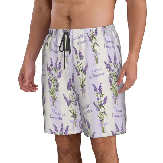 Uemuo Lavender Flowers Pattern Men's Swim Trunks Hawaiian Beach Bathing Suit Swimsuits Beach Quick-Dry Shorts with Pockets-Small