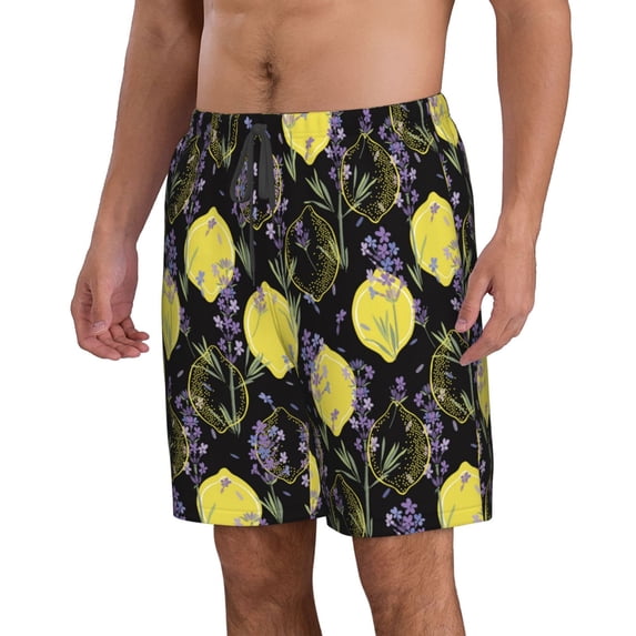 Uemuo Lavender Flowers Pattern Men's Swim Trunks Hawaiian Beach Bathing Suit Swimsuits Beach Quick-Dry Shorts with Pockets-X-Large