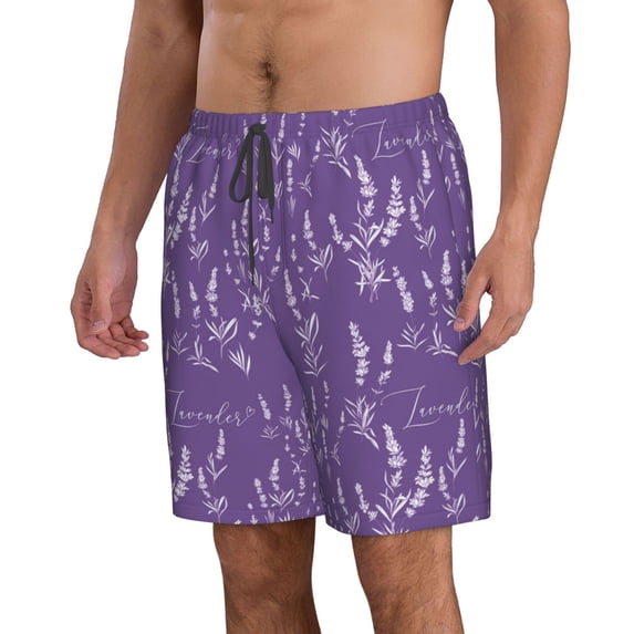 Uemuo Lavender Flowers Pattern Men's Swim Trunks Hawaiian Beach Bathing Suit Swimsuits Beach Quick-Dry Shorts with Pockets-X-Large
