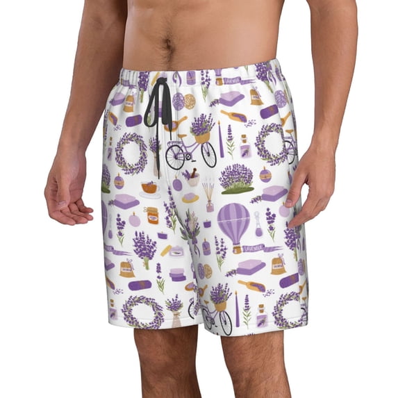 Uemuo Lavender Flowers Pattern Men's Swim Trunks Hawaiian Beach Bathing Suit Swimsuits Beach Quick-Dry Shorts with Pockets-XX-Large