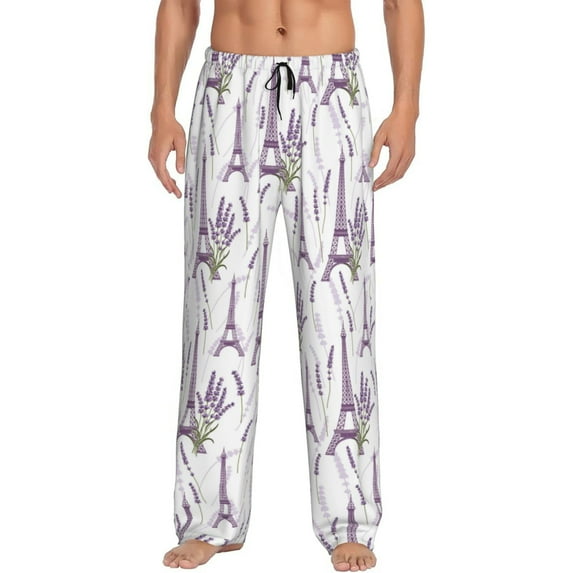 Uemuo Lavender Flowers Pattern Men's Wide Leg Palazzo Lounge Pants with Pockets Light Weight Loose Comfy Casual Pajama Pants-Medium
