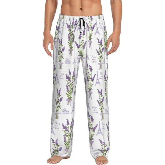 Uemuo Lavender Flowers Pattern Men's Wide Leg Palazzo Lounge Pants with Pockets Light Weight Loose Comfy Casual Pajama Pants-Medium