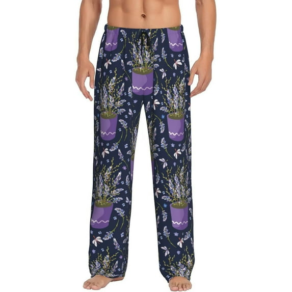 Uemuo Lavender Flowers Pattern Men's Wide Leg Palazzo Lounge Pants with Pockets Light Weight Loose Comfy Casual Pajama Pants-Medium