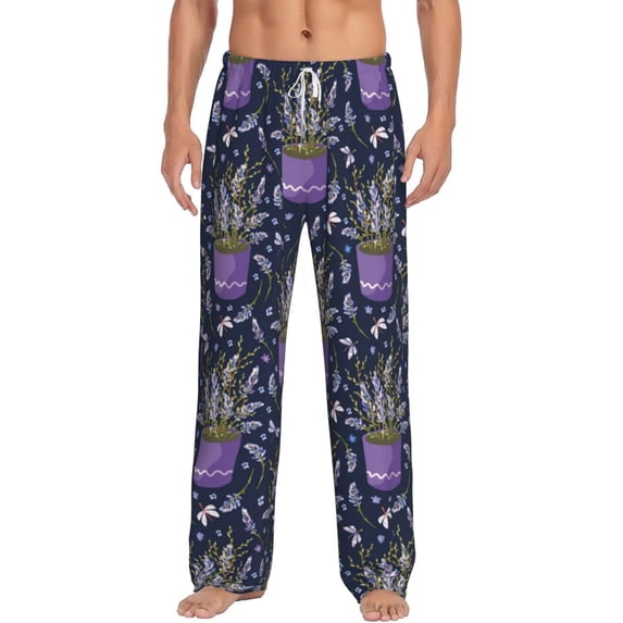 Uemuo Lavender Flowers Pattern Men's Wide Leg Palazzo Lounge Pants with Pockets Light Weight Loose Comfy Casual Pajama Pants-X-Large