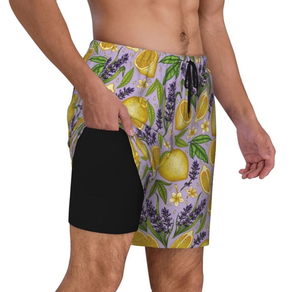 Uemuo Lavender Flowers Pattern Mens Swim Trunks Quick Dry Board Shorts with Mesh Lining, Stretch Beach Shorts Quick Dry No-Chafing Board Shorts-3X-Large