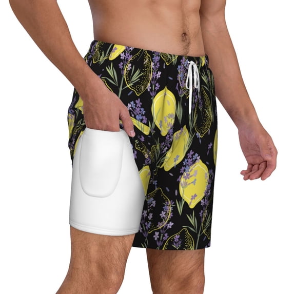 Uemuo Lavender Flowers Pattern Mens Swim Trunks Quick Dry Board Shorts with Mesh Lining, Stretch Beach Shorts Quick Dry No-Chafing Board Shorts-3X-Large