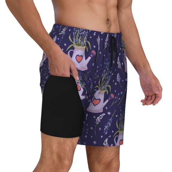Uemuo Lavender Flowers Pattern Mens Swim Trunks Quick Dry Board Shorts with Mesh Lining, Stretch Beach Shorts Quick Dry No-Chafing Board Shorts-3X-Large
