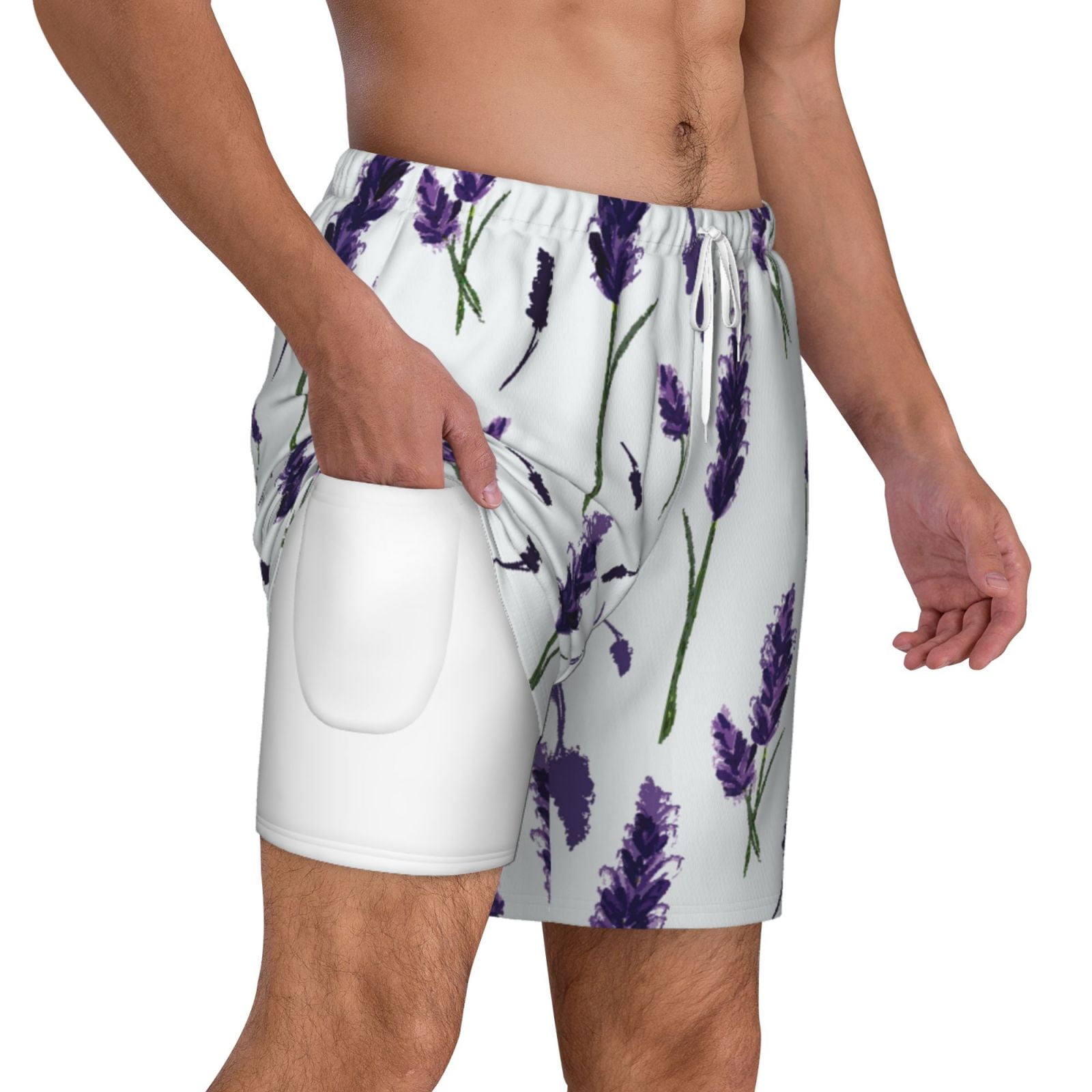 Uemuo Lavender Flowers Pattern Mens Swim Trunks Quick Dry Board Shorts
