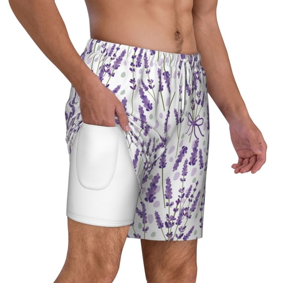 Uemuo Lavender Flowers Pattern Mens Swim Trunks Quick Dry Board Shorts with Mesh Lining, Stretch Beach Shorts Quick Dry No-Chafing Board Shorts-X-Large